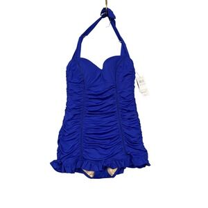 Jantzen Swimsuit Womens 6 Blue Halter One Piece Ruched Ruffle Hem Tummy Control